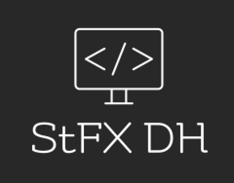 a white-on-black line drawing of a computer screen with pointy brackets. below, the text: StFX DH