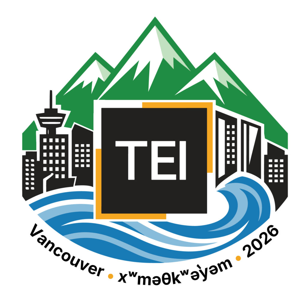 TEI logo with mountains in the background, cityscape midground, and water in the front.